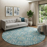 8' Teal And Ivory Floral Washable Round Rug With UV Protection