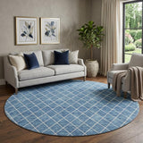 8' Denim Blue And Ivory Geometric Washable Round Rug With UV Protection