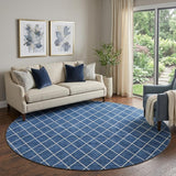 8' Navy Blue And Ivory Geometric Washable Round Rug With UV Protection