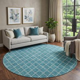 8' Teal And Ivory Geometric Washable Round Rug With UV Protection