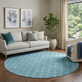 8' Teal And Ivory Geometric Washable Round Rug With UV Protection