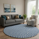 8' Blue And Ivory Chevron Washable Round Rug With UV Protection
