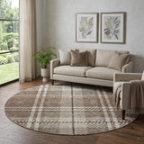 8' Brown Ivory And Taupe Plaid Washable Round Rug With UV Protection