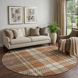 8' Chocolate Beige And Gold Plaid Washable Round Rug With UV Protection