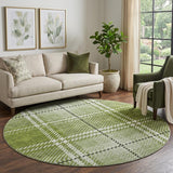 8' Green And Ivory Plaid Washable Round Rug With UV Protection