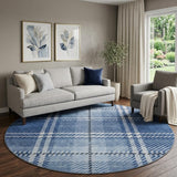8' Navy Blue And Ivory Plaid Washable Round Rug With UV Protection