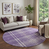8' Purple Ivory And Gold Plaid Washable Round Rug With UV Protection