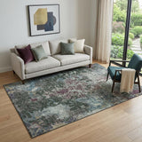 5' X 8' Fern Green Purple And Teal Damask Washable Area Rug With UV Protection