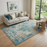 5' X 8' Teal Beige And Taupe Damask Washable Area Rug With UV Protection