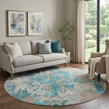 8' Teal Beige And Taupe Damask Washable Round Rug With UV Protection
