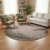 7' Beige And Black Tropical Botanical Washable Round Rug