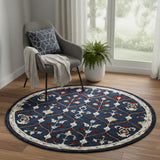 5' Navy Blue And Red Wool Trellis Hand Tufted Round Rug