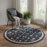 3' Navy Blue And Red Wool Trellis Hand Tufted Round Rug