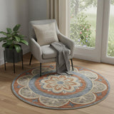 5' Blue And Brown Wool Floral Medallion Hand Tufted Round Rug