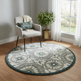 5' Gray And Ivory Wool Floral Hand Tufted Round Rug