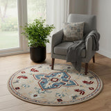 5' Beige And Blue Wool Medallion Hand Tufted Washable Round Rug
