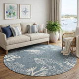 8' Blue And Off White Nautical Round Rug