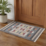 2' X 3' Blue Gray And Tan Geometric Hand Woven Area Rug With Fringe