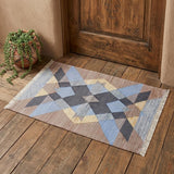 2' X 3' Blue Gray And Tan Geometric Hand Woven Area Rug With Fringe