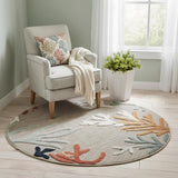 5' Beige And Orange Coral Round Rug