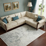 8' X 10' Beige And Blue Damask Area Rug