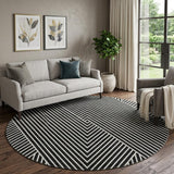 8' Black And Ivory Geometric Washable Round Rug With UV Protection