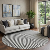 8' White And Black Geometric Washable Round Rug With UV Protection