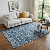 5' X 8' Navy Blue Peach And Gold Southwestern Washable Area Rug With UV Protection