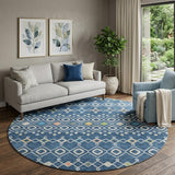 8' Navy Blue Peach And Gold Southwestern Washable Round Rug With UV Protection