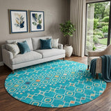 8' Teal Gold And Green Southwestern Washable Round Rug With UV Protection
