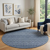 8' Navy Blue And Ivory Striped Washable Round Rug With UV Protection