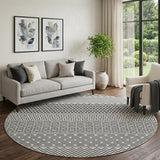 8' White And Black Striped Washable Round Rug With UV Protection