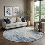 8' Denim Blue And Ivory Abstract Washable Round Rug With UV Protection