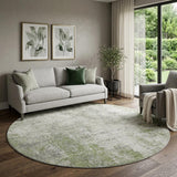 8' Green And Ivory Abstract Washable Round Rug With UV Protection