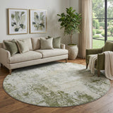 8' Olive Green And Ivory Abstract Washable Round Rug With UV Protection