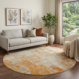 8' Orange And Ivory Abstract Washable Round Rug With UV Protection