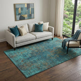 5' X 8' Teal And Brown Abstract Washable Area Rug With UV Protection