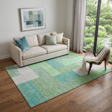 5' X 8' Artichoke Green Teal And Ivory Geometric Washable Area Rug With UV Protection