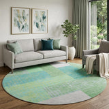 8' Artichoke Green Teal And Ivory Geometric Washable Round Rug With UV Protection