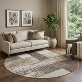 8' Brown Ivory And Beige Geometric Washable Round Rug With UV Protection