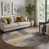 8' Coffee Gold And Ivory Geometric Washable Round Rug With UV Protection