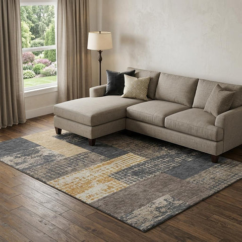 8' X 10' Coffee Gold And Ivory Geometric Washable Area Rug With UV Protection