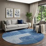 8' Navy Blue And Ivory Geometric Washable Round Rug With UV Protection
