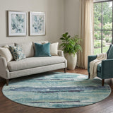 8' Artichoke Green Teal And Ivory Abstract Washable Round Rug With UV Protection