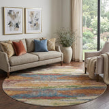 8' Rust Green And Gold Abstract Washable Round Rug With UV Protection