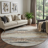 8' Taupe Beige And Brown Abstract Washable Round Rug With UV Protection