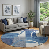 8' Blue And Ivory Geometric Washable Round Rug With UV Protection