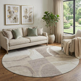 8' Ivory Beige And Taupe Geometric Washable Round Rug With UV Protection