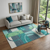 5' X 8' Teal Ivory And Green Geometric Washable Area Rug With UV Protection