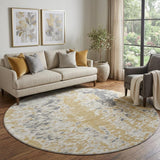 8' Gold Ivory And Gray Abstract Washable Round Rug With UV Protection